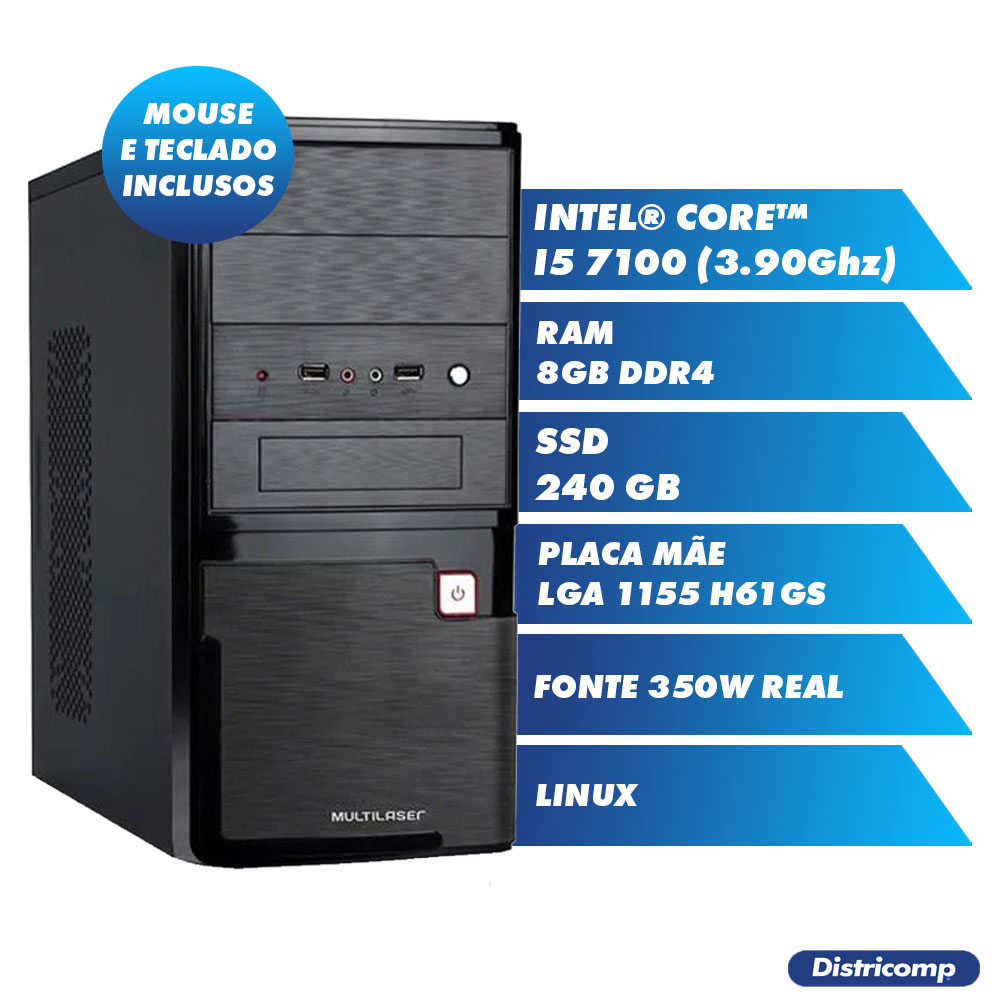 Pc Computador Desktop Core I5-7100 8GB Ddr4 SSD 240GB Vga Hdmi Fonte 200W Linux (U)  - Districomp Distribuidora