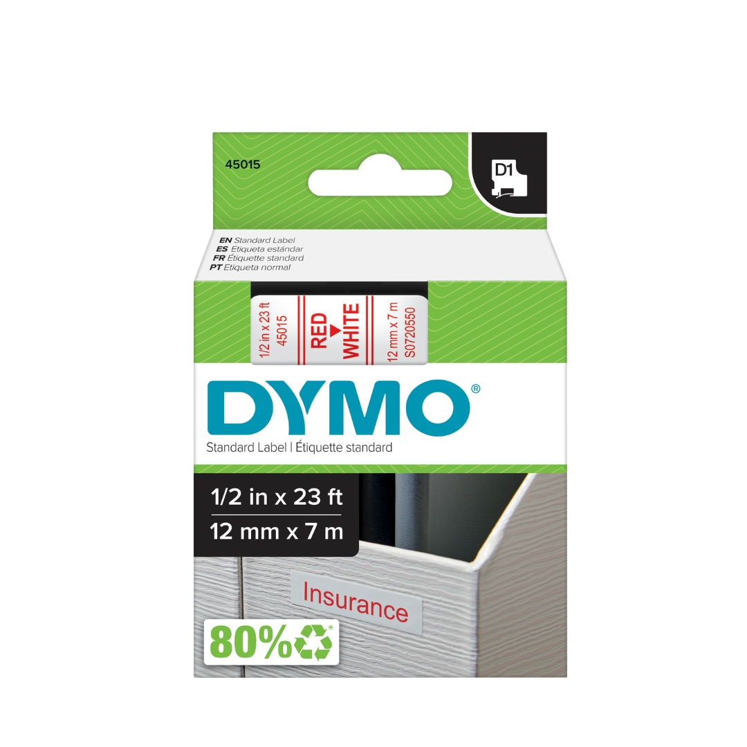 Fita de Poliester D1 DYMO 12mm - Blister c/1 Branco/Vermelho