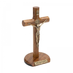 Crucifixo De Parede E Mesa Madeira Cilíndrico São Bento Dourado 17 Cm