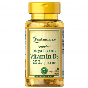 Vitamina D3 250mcg 10000ui, 100 Softgels de Liberação Rápida, Puritan's Pride