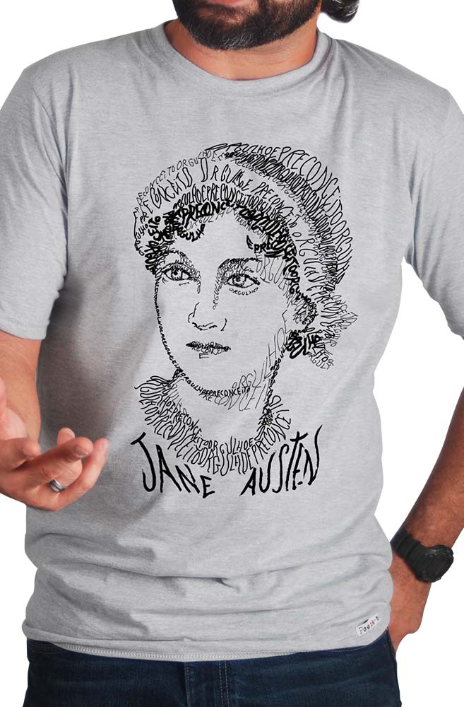 Camiseta Cinza Rostos Letrados: Jane Austen