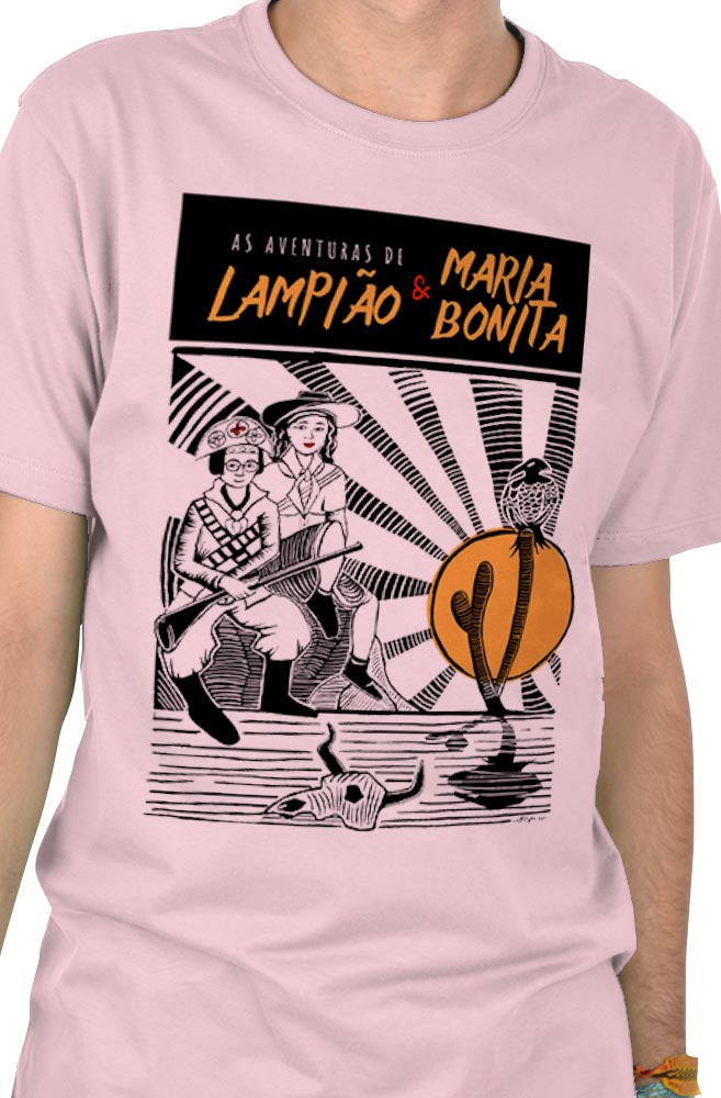 Camiseta Rosa O Amor em Cordel: Lampião e Maria Bonita