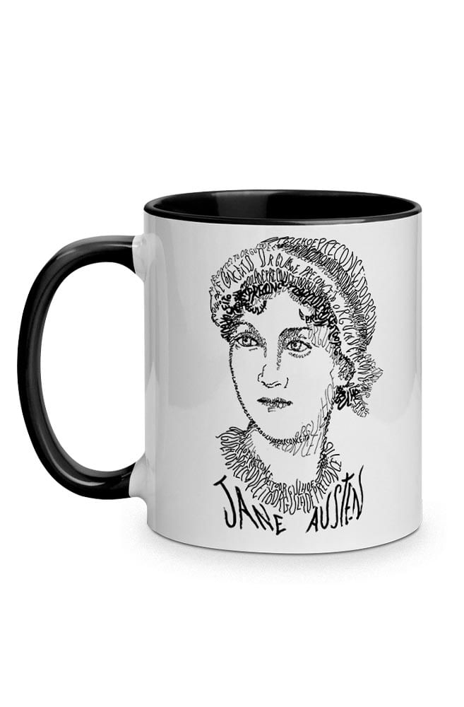 Caneca Rostos Letrados: Jane Austen com alça preta