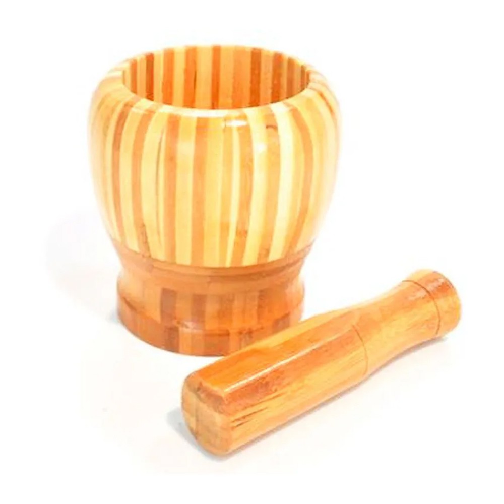 Pilão de Bambu Madeira com Socador Reforçado Alho Cozinha Culinária - Mundo Thata