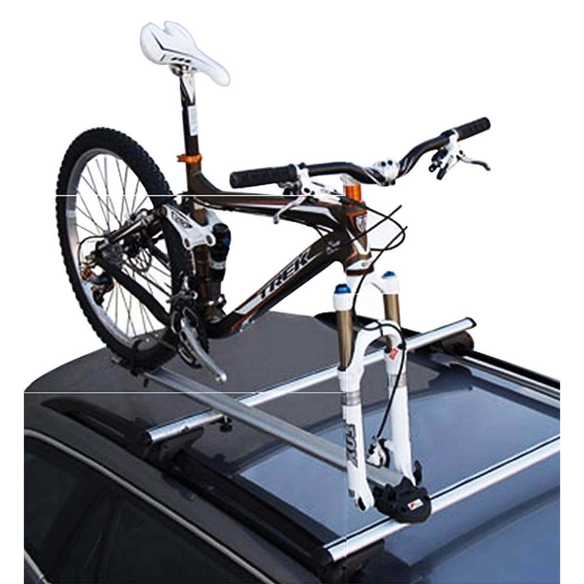 Rack de teto para bicicleta transbike Kiussi Etna anodizado tirando a roda dianteira