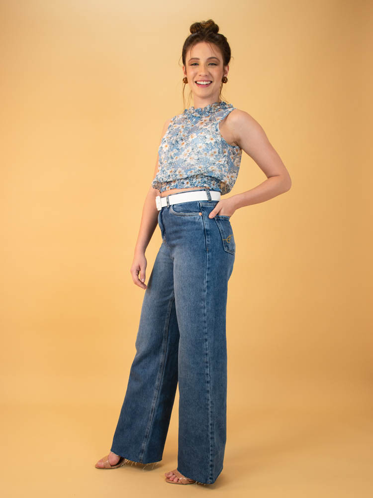 Cropped Tule Floral Azul