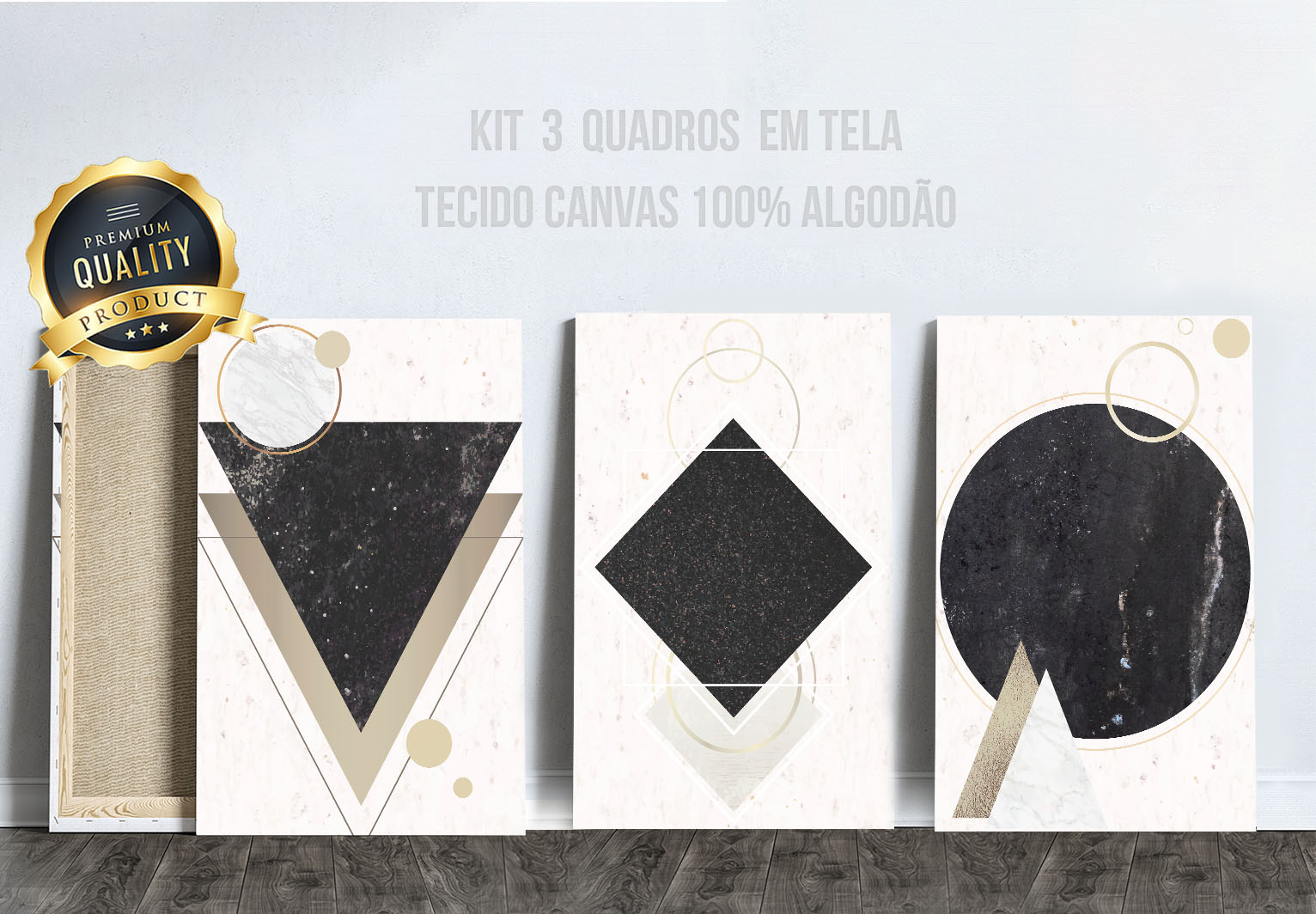 3 Quadros Canvas Abstrato White Triangulo 02