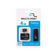 Kit 3 em 1 Pen drive + Adaptador SD + Cartão De Memória 4GB Multilaser - MC057