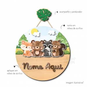 Animais do Bosque Menino Porta Maternidade Apliques em Acrílico