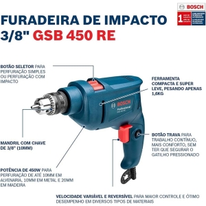 Furadeira De Impacto Gsb450re 450W+Brocas Pc019343  Bosch Cod. 06011B50d1000