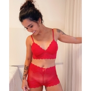 Conjunto lingerie sutiã de renda sem bojo e calcinha caleçon de renda na cor vermelha - Nathana + Natinha