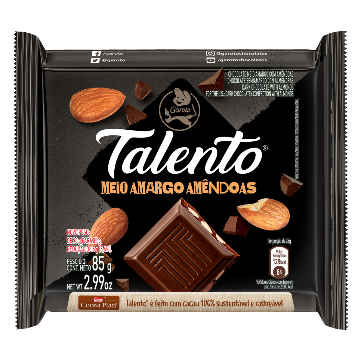 CHOCOLATE TALENTO MEIO AMARGO COM AMÊNDOAS 85G