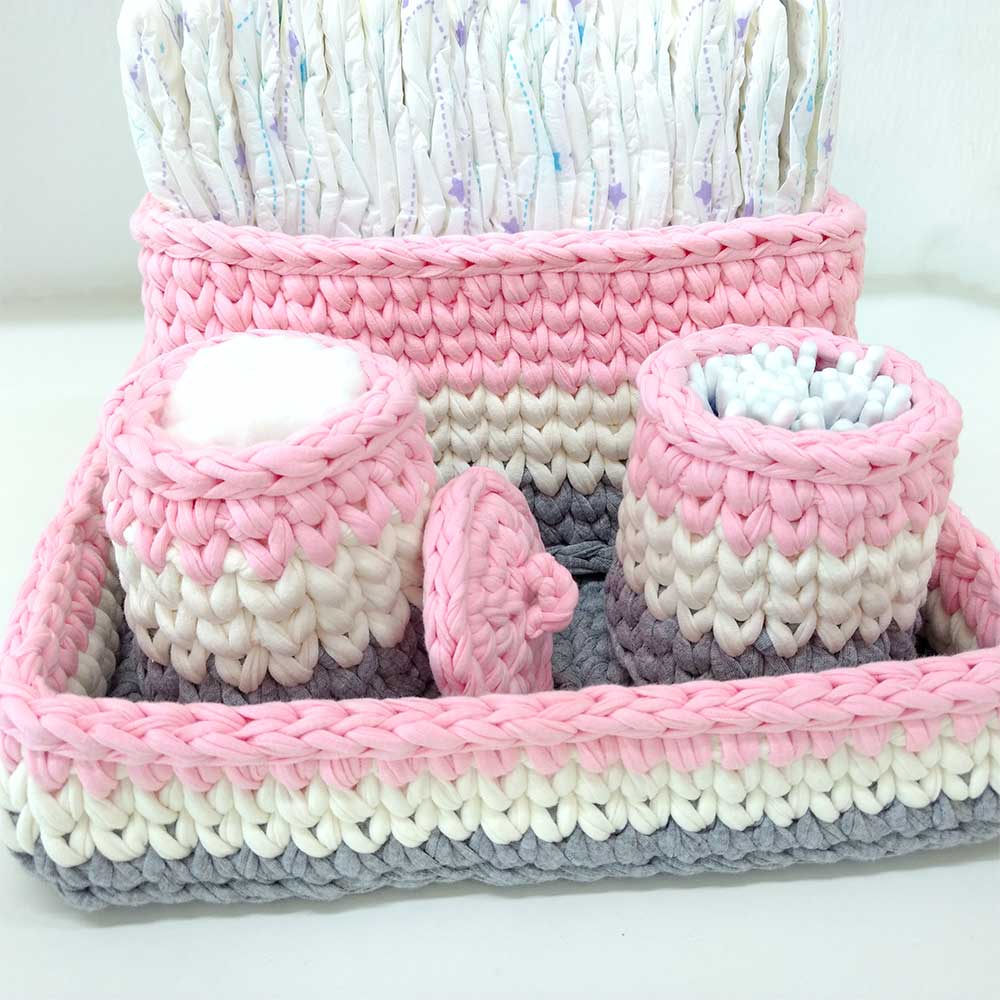 Kit Higiene Bebê Crochê 4 peças Rosa com Cinza