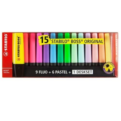 Estojo Marcador De Texto Boss C/15 Cores (9 Fluo+6 Pastel) 7015-01 STABILO