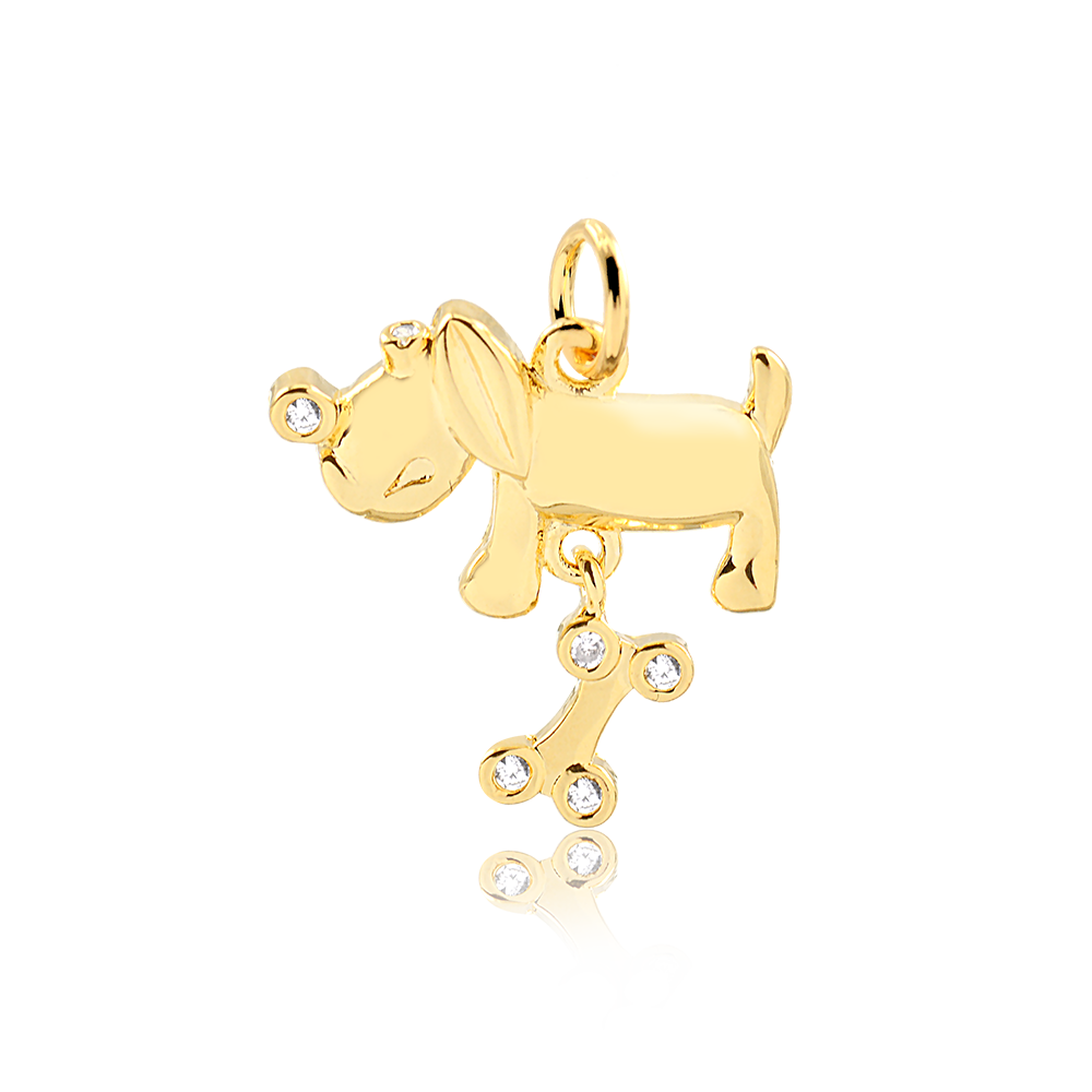 Pingente de cachorrinho com osso folheado em ouro