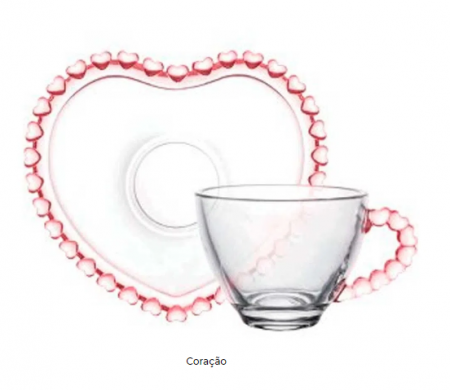 Xícara para Café de Cristal e de Chumbo com Pires no Formato de Coração Borda Rosa 80ml