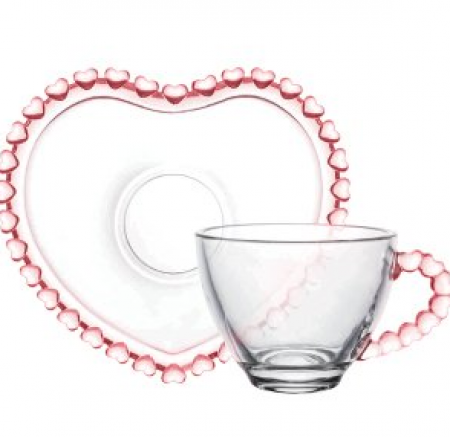 Xícara para Café de Cristal e de Chumbo com Pires no Formato de Coração Borda Rosa 80ml