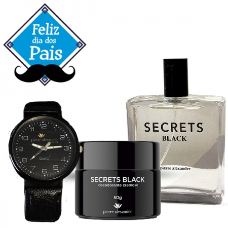 Kit Secrets Black Colônia + Desodorante Creme + Relógio