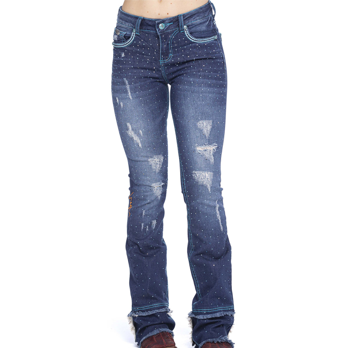 Calça Jeans Feminina Zenz Western Dark BlueFlare Bordada com Brilho ZW0320011