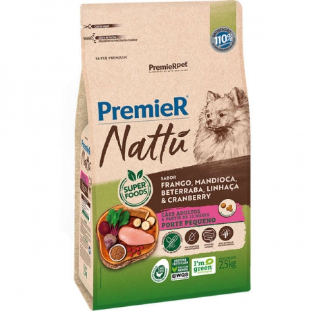 Ração Premier Nattu Para Cães Adultos Pequeno Porte Sabor Frango Mandioca 2,5kg
