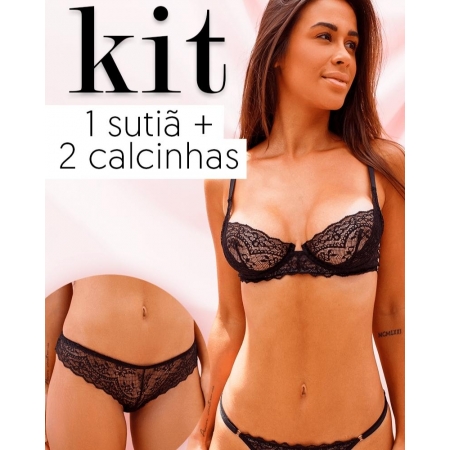 Kit 3 Peças - Sutiã Iza + Calcinha Natalie + Calcinha Beatrice Pretos