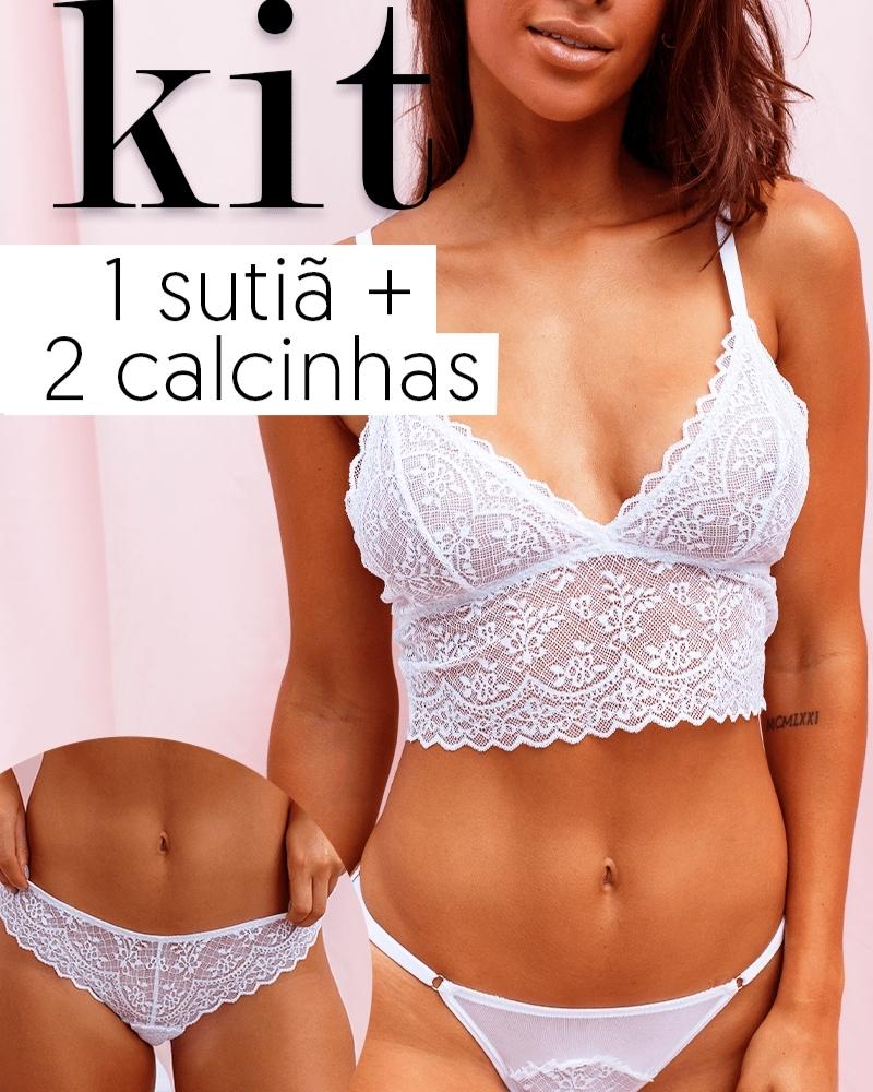 Kit 3 Peças - Sutiã Lily + Calcinha Aurora + Calcinha Natalie Brancos