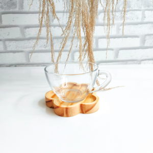 Jogo 12 Peças - Xicara de chá de vidro com pires de madeira - Linha Flowers - Foto 3