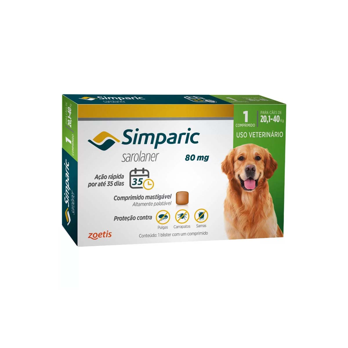 Antipulgas Simparic para Cães de 20,1 a 40 Kg 80mg 1 Comprimido