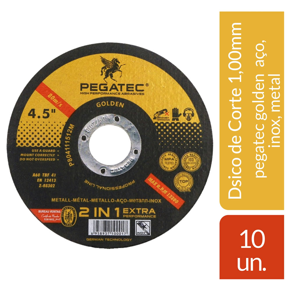 Disco De Corte para Aço Inox Pegatec 4 1/2 X 1,00 mm - 10 uni.