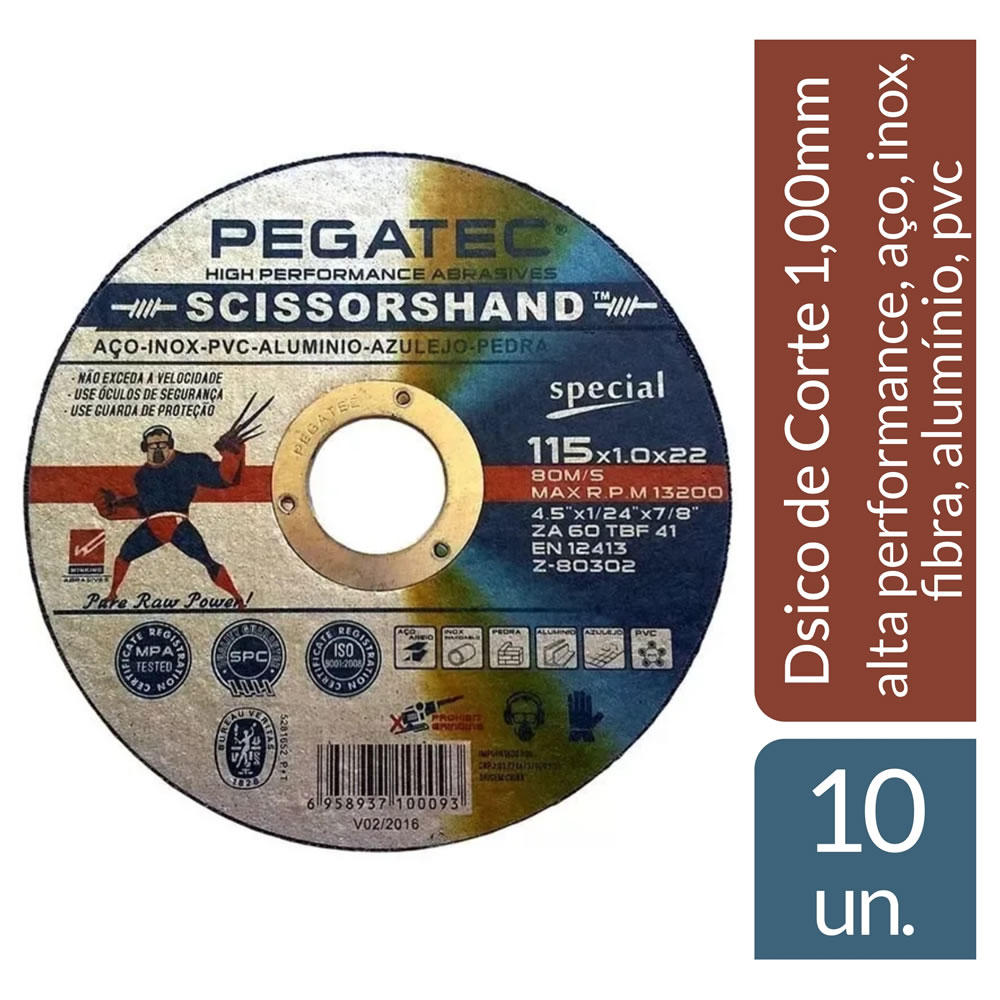 Disco De Corte Special Inox Scissorshand Pegatec 4 1/2 X 1,00mm 10 un.
