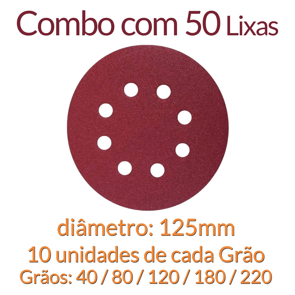 Kit 50 Lixa Pluma 125mm 8 Furos Roto Orbital Grãos (40 / 80 / 120 / 180 / 220)