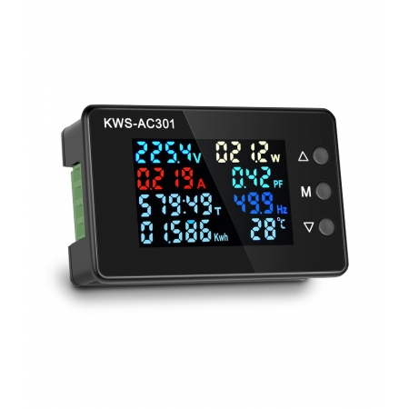 Multimedidor LCD Monofásico KWS-AC301 Alimentação 50~300Vca, Energia (Kw/h), Corrente 0~100A, Temperatura -20~150°C (Acompanha Sensor e TC) e mais 4 Grandezas