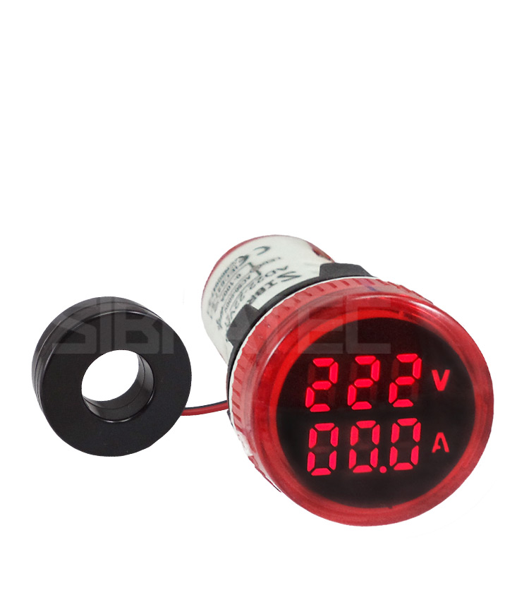 Voltímetro / Amperímetro Digital 22mm Vermelho/Verde/Amarelo AD22-22 V/AMP-R 60-500Vca / 0-100A