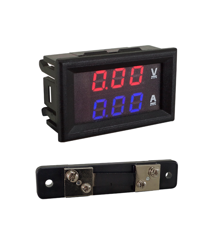 Voltímetro e Amperímetro Digital TX-56D50 28x48mm para VCC. Alimentação 10~24Vcc Medição Indireta até 50A e 0~100Vcc