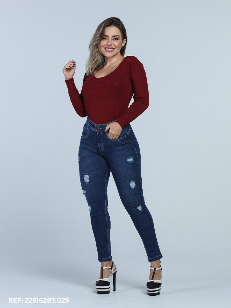 Calça Jeans Cropped Azul Clássico Ultra Modeladora com Destoyed