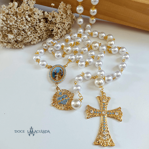 Terço de Noiva Dourado Pérola 12mm Sagrada Família