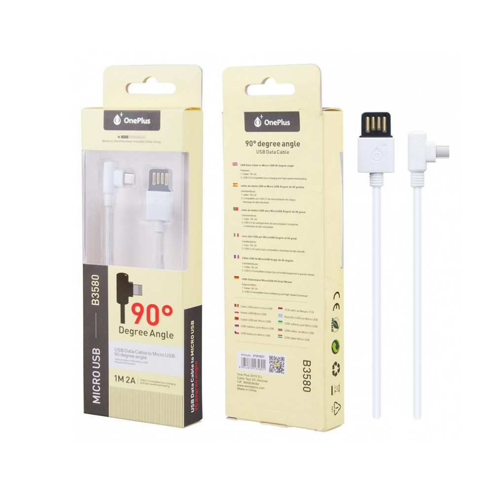 Cabo de Dados Micro USB, 90º, 2A 1M, Branco M3580