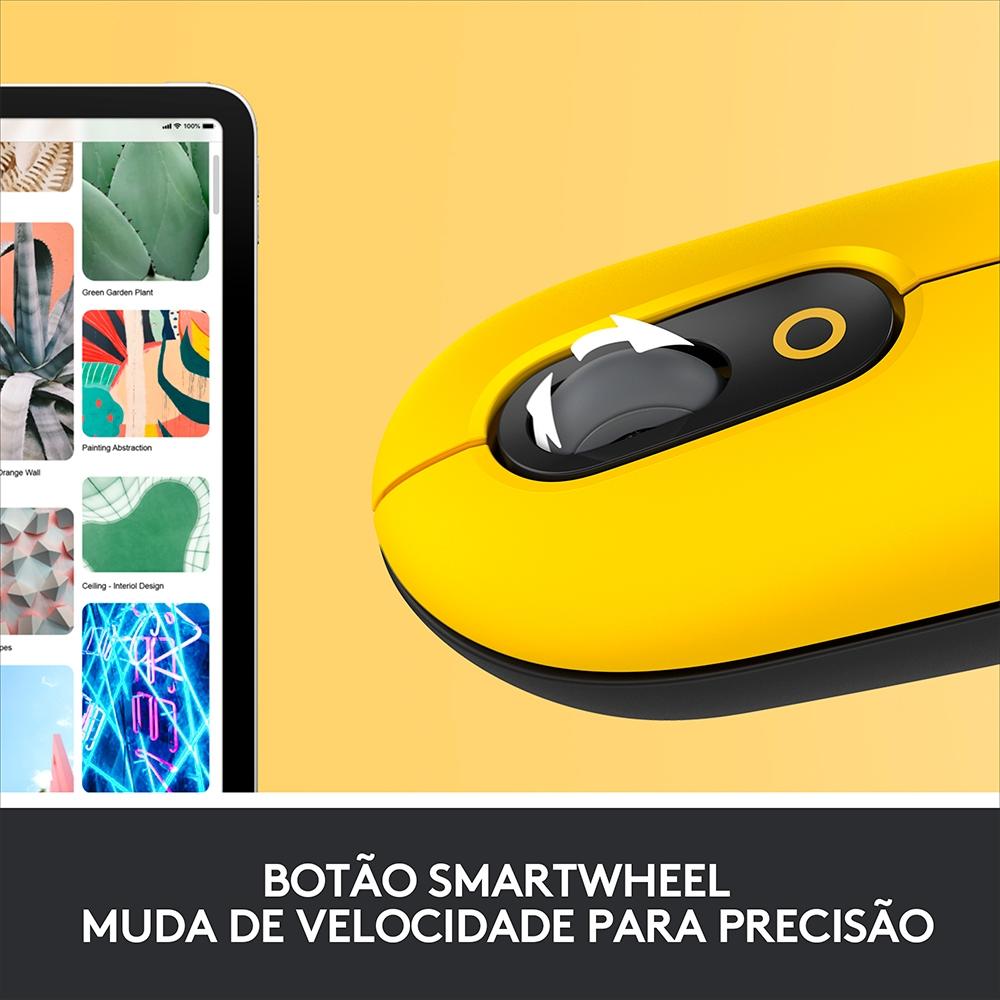 Mouse Sem Fio Logitech POP, 4000 DPI, Botão Emoji Customizável, SilentTouch, Compacto, USB, Bluetooth, Amarelo Blast
