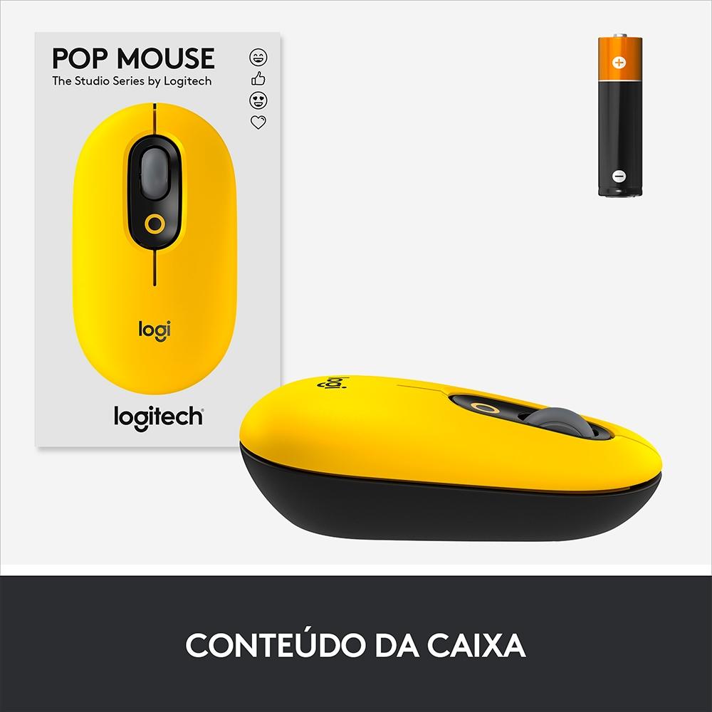 Mouse Sem Fio Logitech POP, 4000 DPI, Botão Emoji Customizável, SilentTouch, Compacto, USB, Bluetooth, Amarelo Blast