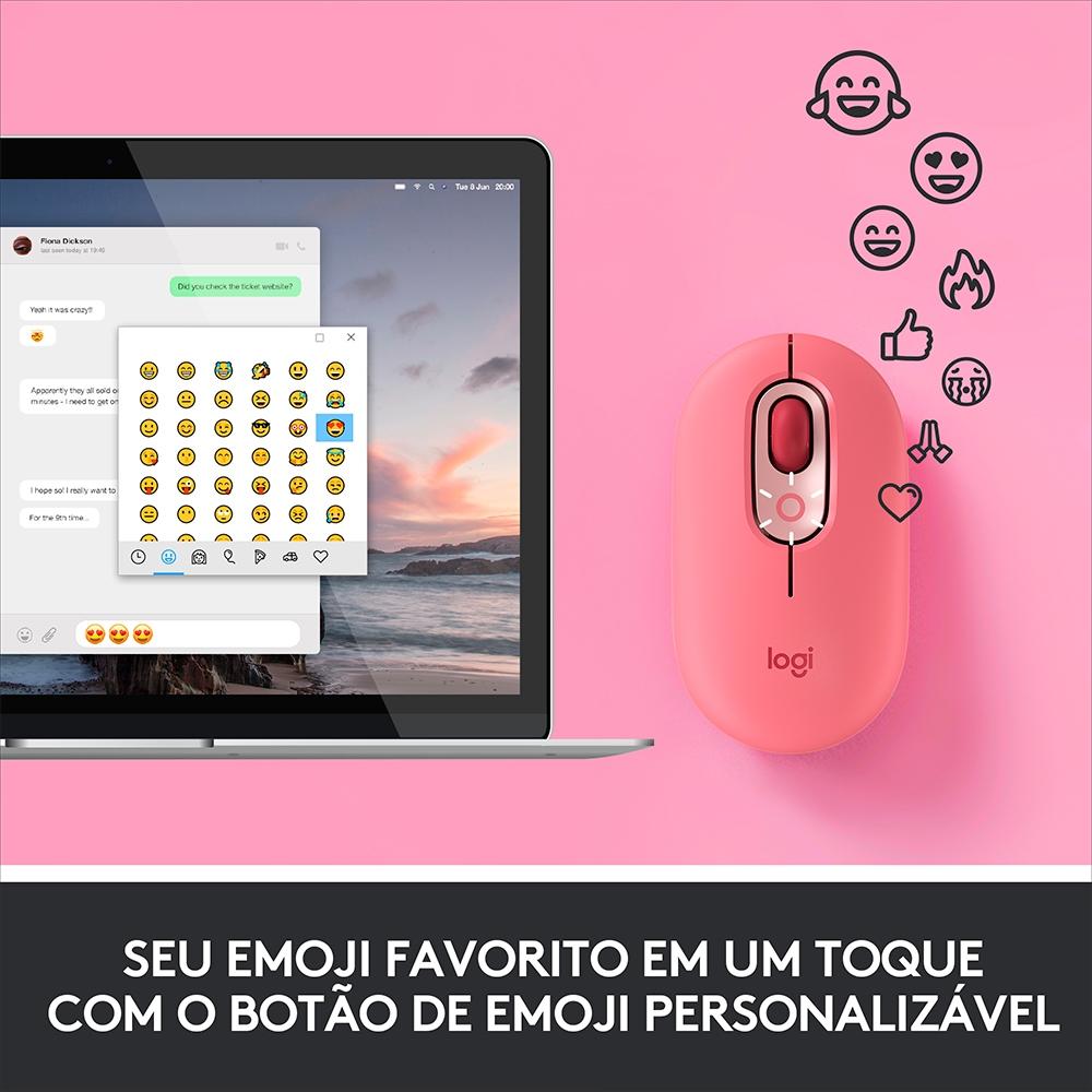 Mouse Sem Fio Logitech POP, 4000 DPI, Botão Emoji Customizável, SilentTouch, Compacto, USB, Bluetooth, Rosa Heartbreaker