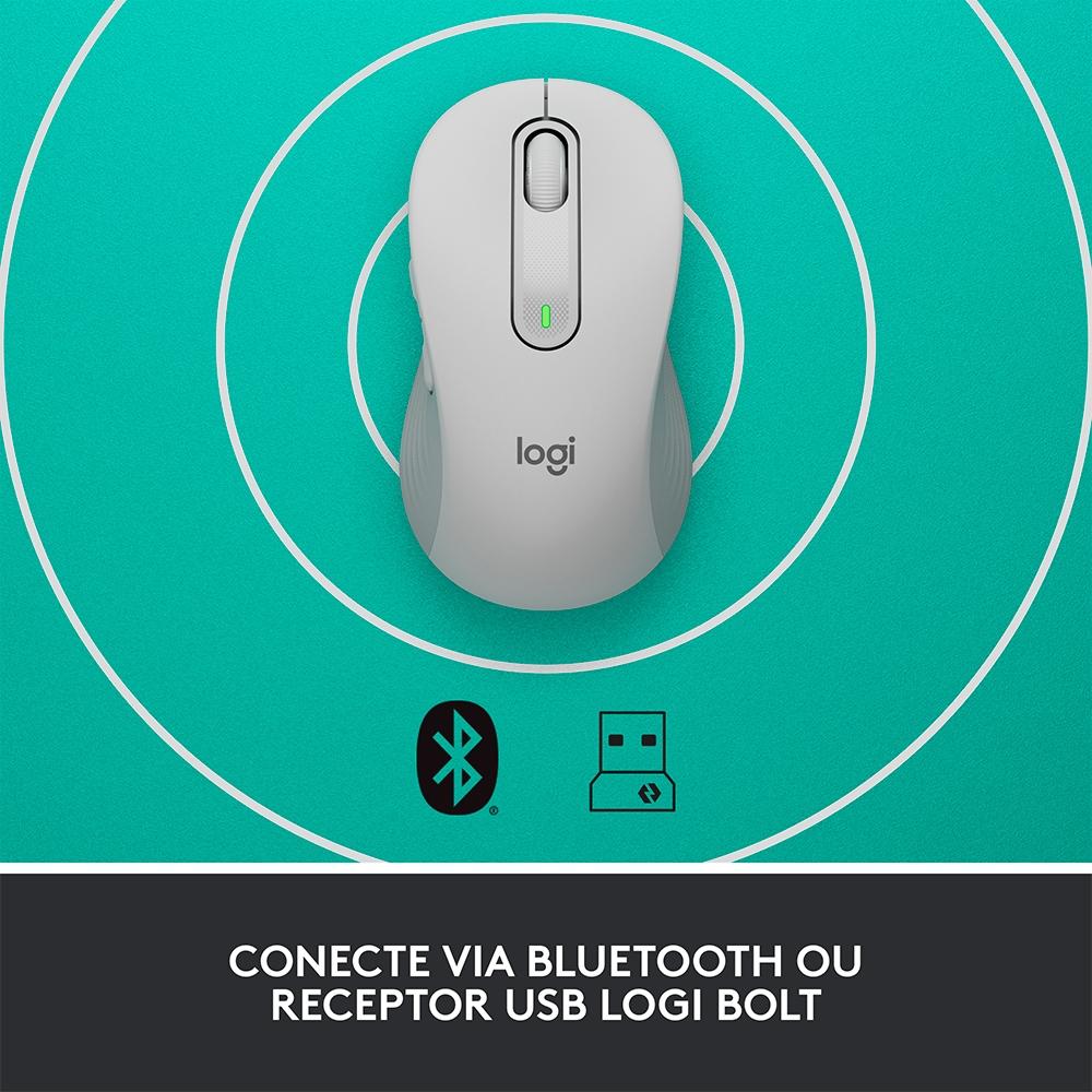 Mouse Sem Fio Logitech Signature M650 L 2000 DPI Design Padrão 5 Botões Silencioso Bluetooth USB Branco 910-006233