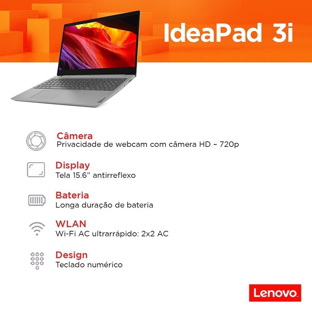 Notebook Lenovo Ultrafino Ideapad 3i, Intel i5 10210U, Tela 15.6", RAM 8GB, SSD 256GB, Windows 11 82BS000GBR