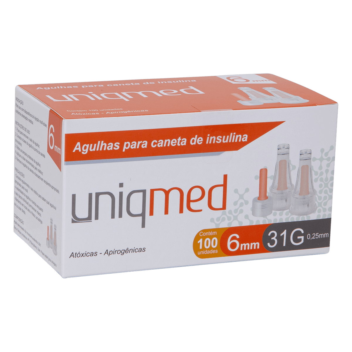 Agulhas para Caneta de Insulina Uniqmed 6mm x 31G (0.25mm) - Caixa com 100 unidades