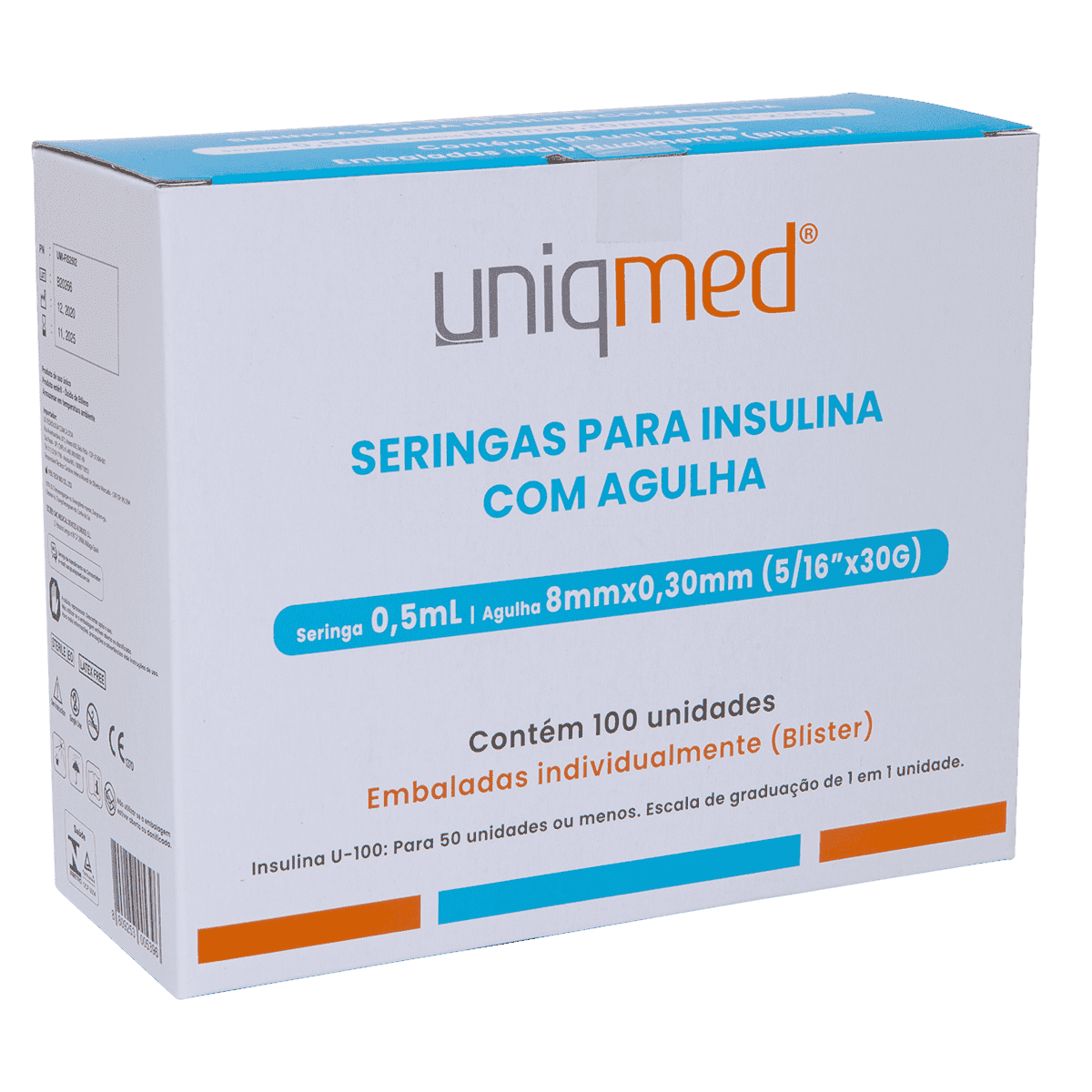 Seringas para Insulina Uniqmed 0.5mL Agulha 8mmx0.30mm - Caixa com 100 unidades (Blister individual)