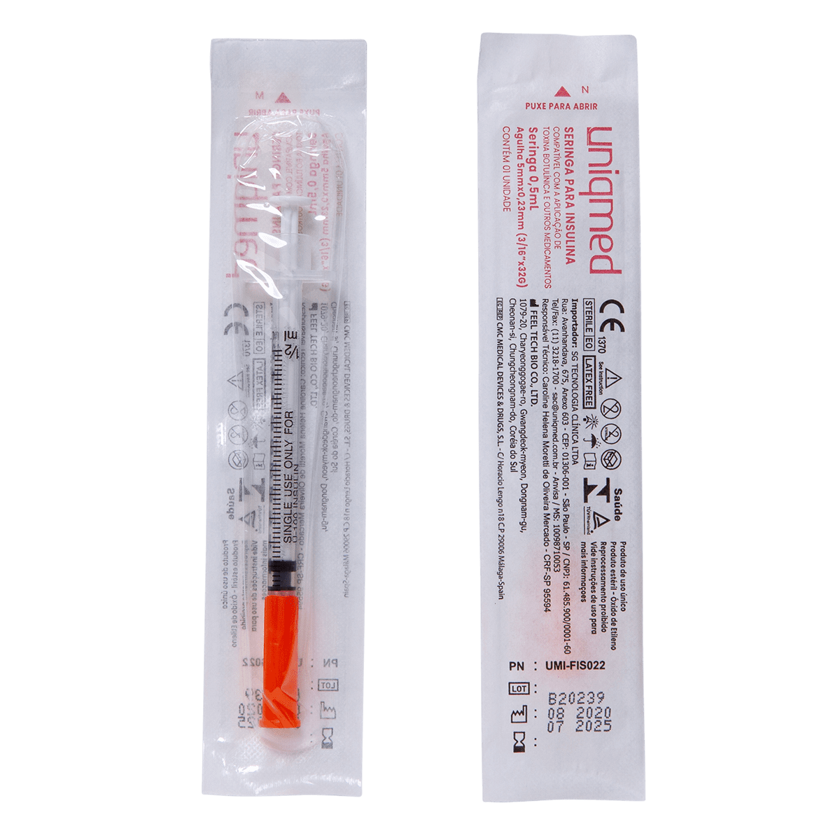 Seringas para Insulina Uniqmed 0.5mL Agulha 5mmx0.23mm - Caixa com 100 unidades (Blister individual)