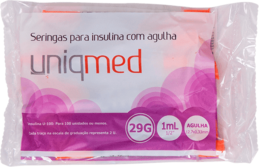 Seringas para Insulina Uniqmed 1mL Agulha 12.7mmx0.33mm - Caixa com 100 unidades (Pacotes 10 unidades)