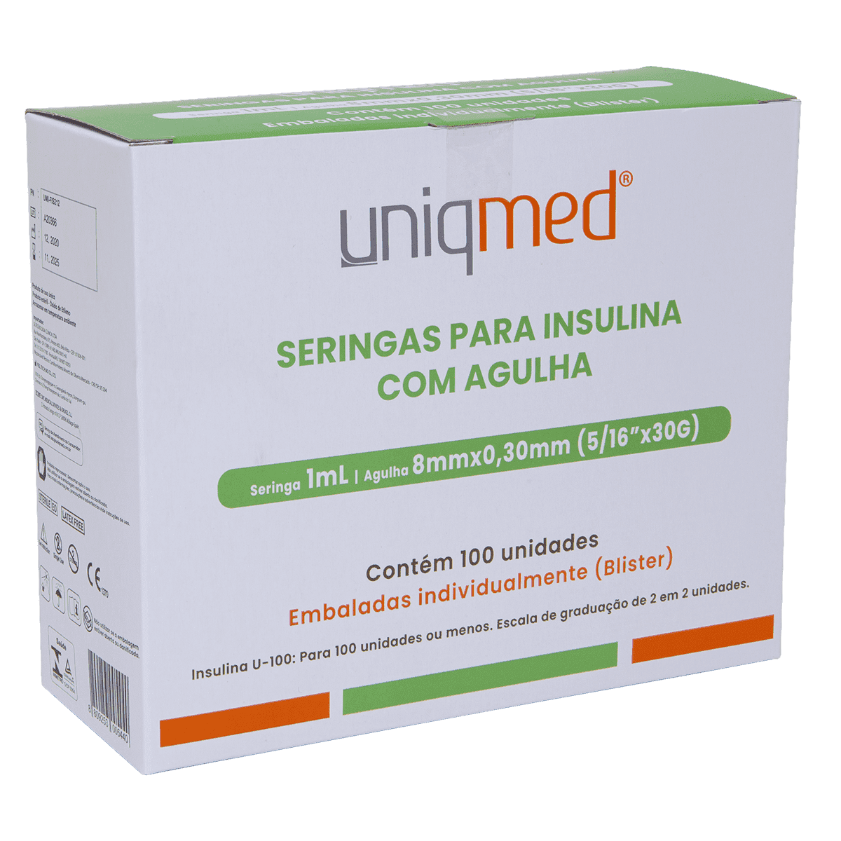 Seringas para Insulina Uniqmed 1mL Agulha 8mmx0.30mm - Caixa com 100 unidades (Blister individual)