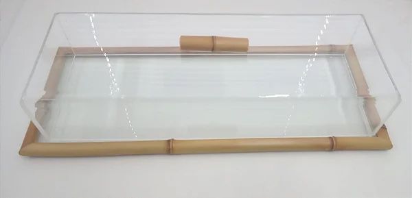 Bandeja de vidro e bambu com tampa em acrílico retangular