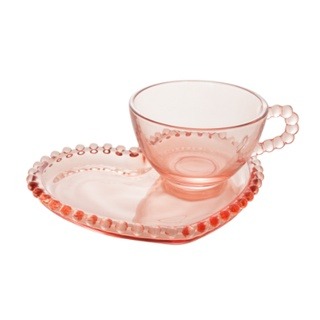 Xícara de chá bolinha cristal c/prato coração pearl rosa