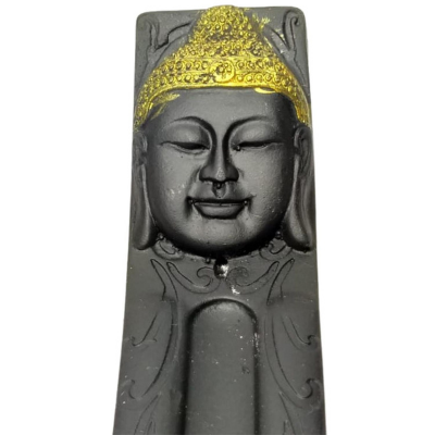 Incensário Castiçal Régua Rosto do Buda Vareta e Pedras em Resina - Cor Preto - 24 Cm